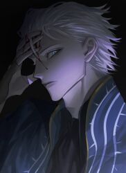  1boy blood blood_on_face blue_coat blue_eyes chihaya_mori closed_mouth coat devil_may_cry devil_may_cry_(series) devil_may_cry_3 gloves hair_slicked_back highres looking_at_viewer pale_skin solo vergil_(devil_may_cry) white_hair 