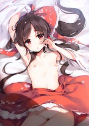 1girl absurdres arm_up armpits bed_sheet black_hair blush bow breasts collarbone cowboy_shot detached_sleeves female_pubic_hair frilled_bow frills groin hair_bow hakurei_reimu hand_up head_tilt highres ke-ta long_hair long_sleeves looking_at_viewer lying navel nipples no_panties on_back parted_lips petals petticoat ponytail pubic_hair red_bow red_eyes red_skirt ribbon-trimmed_sleeves ribbon_trim scan shadow skirt small_breasts solo stomach topless touhou wide_sleeves rating:Questionable score:110 user:danbooru