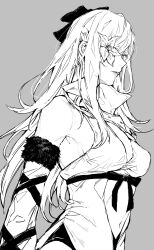  1girl absurdres breasts center_opening cleavage clothing_cutout detached_sleeves drag-on_dragoon drag-on_dragoon_3 dress flower flower_over_eye grey_background greyscale highres long_hair looking_at_viewer monochrome navel_cutout nishiii26miii parted_lips sideways_glance simple_background solo zero_(drag-on_dragoon) 