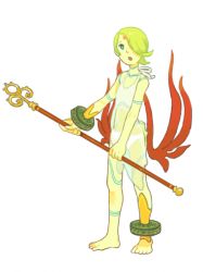  100000_(artist) 1girl bad_id bad_pixiv_id barefoot bracelet breath_of_fire breath_of_fire_v commentary_request dress facial_mark full-body_tattoo green_hair hair_over_one_eye jewelry nina_(breath_of_fire_v) panties red_wings see-through short_hair simple_background solo staff tattoo underwear weapon white_background white_dress wings 
