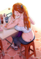 1girl ass breasts butt_crack downpants eating food food_focus food_stand ge_xi highres large_breasts lien_ai-chiang original panties scrunchie shoes solo underwear witch witches_in_7th_base yatai 