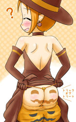 1girl ass ass_support back_boob backless_outfit bare_shoulders bloomers bloomers_pull blush breasts brown_eyes choker earrings g-string halloween hat jack-o&#039;-lantern jewelry looking_at_viewer looking_back manaa_(kasetsu_sakurasaku) open_mouth orange_hair panties pointy_ears shiny_skin short_hair shoulder_gloves small_breasts smile solo thong underwear