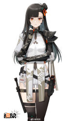  1girl :| absurdres armor asymmetrical_bangs asymmetrical_legwear belt_pouch black_gloves black_hair black_thighhighs blunt_bangs breasts closed_mouth copyright_name cowboy_shot girls&#039;_frontline girls&#039;_frontline_2:_exilium gloves hair_bun hand_on_own_elbow hand_up headset highres hip_vent holster id_card juliet_sleeves jumpsuit knee_pads logo long_hair long_sleeves looking_at_viewer medium_breasts nuanpapa official_art partially_fingerless_gloves pouch puffy_sleeves qbz-191_(girls&#039;_frontline) red_eyes short_jumpsuit shoulder_armor single_knee_pad single_side_bun skindentation solo thigh_holster thighhighs uneven_legwear white_background white_jumpsuit 