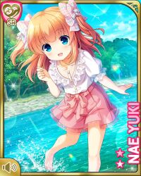  1girl barefoot blue_eyes bow brown_hair character_name day forest girlfriend_(kari) hair_bow long_hair nature official_art outdoors pink_bow pink_skirt qp:flapper ribbon river shirt skirt smile solo standing twintails wading white_shirt yuuki_nae 