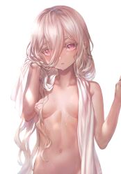  1girl absurdres breasts colored_eyelashes commentary dark-skinned_female dark_skin hair_between_eyes hair_censor hair_over_breasts head_tilt highres leon_v light_brown_hair long_hair looking_at_viewer navel nude original out-of-frame_censoring parted_lips pink_eyes revision sidelocks simple_background small_breasts solo symbol-only_commentary towel towel_around_neck white_background 