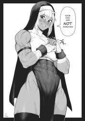  1girl abs absurdres armband bandaged_wrist bandages bare_hips breasts dark-skinned_female dark_skin english_text evil_smile greyscale highres large_breasts light_blush looking_at_viewer looking_down monochrome muscular muscular_female nun original outside_border pelvic_curtain signature sleeveless smile speech_bubble speedl00ver thick_thighs thighhighs thighs white_hair wristband  rating:Sensitive score:45 user:danbooru