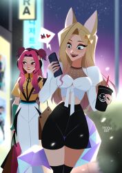  2girls ahri_(league_of_legends) akali alune_(league_of_legends) animal_ears aphelios artist_name bag blue_eyes cellphone colored_sclera covered_collarbone crystal_tail cup english_text eyeshadow facial_mark fox_ears fox_girl fox_tail headphones heart heartsteel_(league_of_legends) heartsteel_alune heartsteel_aphelios highres holding holding_cup holding_phone jacket k/da_(league_of_legends) k/da_ahri k/da_akali k/da_all_out_akali korean_text league_of_legends long_hair makeup multicolored_eyeshadow multiple_girls official_alternate_hairstyle phone pink_nails poster_(object) red_eyes red_sclera shopping_bag smartphone smile tail teddy_teddd whisker_markings yellow_jacket 
