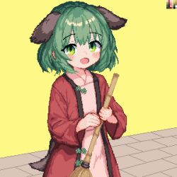  1girl 999_(hansode) animal_ears blush broom brown_dress commentary dog_ears dog_girl dog_tail dress green_eyes green_hair highres holding holding_broom kasodani_kyouko long_sleeves looking_at_viewer open_mouth pixel_art simple_background solo tail touhou yellow_background  rating:General score:2 user:danbooru