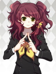 1girl atlus bad_id bad_pixiv_id brown_hair female_focus flower gradient_background ironmaskbear kujikawa_rise long_hair persona persona_4 school_uniform smile solo steepled_fingers twintails yellow_eyes 