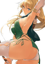 1girl arm_up armpits ass backlighting blonde_hair blue_dress blush bow_(weapon) breasts capelet closed_mouth detached_sleeves dress dutch_angle elf from_side green_dress hair_between_eyes holding holding_bow_(weapon) holding_weapon kekemotsu large_breasts long_hair original panties pointy_ears ponytail short_dress sideboob simple_background solo tabard thighhighs thighs tsurime underwear weapon white_background white_panties white_thighhighs rating:Sensitive score:89 user:danbooru