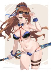  absurdres asymmetrical_bangs beatrix_(granblue_fantasy) beatrix_(summer)_(granblue_fantasy) belt bikini blue-framed_eyewear blue_bikini breasts brown_hair eyewear_on_head granblue_fantasy green_eyes hair_ornament highres holding holding_sword holding_weapon large_breasts long_hair looking_at_viewer navel official_alternate_costume parted_lips ponytail simple_background smile string_bikini sunglasses swimsuit sword thigh_belt thigh_strap weapon wuzhu_nis  rating:Sensitive score:5 user:danbooru