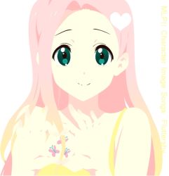 bare_shoulders butterfly dress fluttershy green_eyes hair_ornament heart heart_hands idylliccommotion k-on! kotobuki_tsumugi long_hair looking_at_viewer my_little_pony my_little_pony:_friendship_is_magic personification pink_hair smile tattoo rating:Sensitive score:7 user:danbooru
