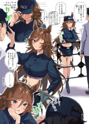  1boy 1girl ahoge animal_ears baseball_cap belt black_hair blush boc&#039;z_(umamusume) boots breasts brown_hair buttons closed_mouth collared_shirt crop_top ears_through_headwear flying_sweatdrops green_eyes hair_between_eyes hand_on_headwear hat head_rest horse_ears horse_girl horse_tail jacket long_hair looking_at_another midriff miniskirt misu_kasumi mr._c.b._(boc&#039;z)_(umamusume) mr._c.b._(umamusume) navel one_eye_closed open_mouth shirt short_hair side_slit skirt small_breasts smile speech_bubble sweatdrop tail trainer_(umamusume) translation_request umamusume white_jacket 