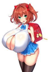  1girl absurdres backpack bag black_thighhighs blue_skirt blush bow bowtie breasts brown_hair bursting_breasts cleavage cowboy_shot crime_prevention_buzzer curvy gigantic_breasts green_eyes hair_ribbons highres charm_(object) looking_at_viewer microskirt oppai_loli original pleated_skirt school_uniform shake_(yawarakataiyo) shiny_clothes shiny_skin shirt simple_background skindentation skirt sleeveless sleeveless_shirt solo thick_thighs thighhighs thighs two_side_up white_background white_shirt  rating:Sensitive score:181 user:Benk941