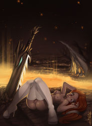 absurdres breasts dofus highres legendra long_hair lying lava red_eyes red_hair solo wakfu weapon wide-eyed rating:Explicit score:5 user:Canson