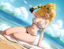  1girl abs adjusting_eyewear aviator_sunglasses beach big_hair black_panties blonde_hair breasts chestnut_mouth cleavage cloud cloudy_sky collarbone commentary day dutch_angle english_commentary full_body high_ponytail highres hymin large_breasts legs_together long_hair looking_at_viewer mechanical_arms navel no_bra ocean open_mouth panties purple_eyes rwby single_mechanical_arm sitting sky solo strap_slip sunglasses tank_top thighs toned towel underwear white_tank_top yang_xiao_long yokozuwari  rating:Sensitive score:82 user:danbooru