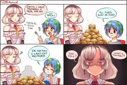  +_+ 2girls arrow_(symbol) bandaid bandaid_on_face bandaid_on_nose bare_shoulders black_hole-sensei blue_hair blush breasts brown_eyes bsapricot burger cleavage closed_mouth collarbone comic earrings earth-chan english_text closed_eyes facing_another food fork green_hair highres holding holding_fork holding_knife jewelry knife large_breasts looking_at_another looking_away multiple_girls open_mouth original parted_lips pointy_ears red_eyes short_hair sitting smile speech_bubble white_hair 