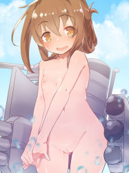  1girl blurry blush brown_eyes brown_hair caburi cleft_of_venus cloud cloudy_sky depth_of_field flat_chest folded_ponytail gluteal_fold hair_between_eyes inazuma_(kancolle) kantai_collection loli long_hair looking_at_viewer navel nipples nude outdoors pussy sidelocks sky water_drop  rating:Explicit score:35 user:senaya