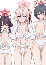  3girls animal_ears black_hair blue_eyes blush breasts brown_hair cameltoe character_request cleavage closed_eyes fukuzawaaaaa fundoshi grey_eyes happy highres huge_breasts japanese_clothes large_breasts legs long_hair looking_at_viewer midriff multiple_girls navel one_eye_closed parted_lips pink_hair pussy pussy_peek see-through short_hair smile thighs waking_up 
