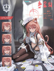  1girl absurdres aiguillette animal_ears bandaid bandaid_on_cheek bandaid_on_face bare_shoulders belt boots breasts brown_pantyhose cat_ears cat_girl cat_tail closed_eyes crop_top expressions frown gloves grin gun halo handgun hat highres holster jacket jewelry knee_boots long_hair long_sleeves looking_at_viewer loose_belt mac_star medium_breasts midriff navel necklace off_shoulder open_clothes open_jacket open_mouth original pantyhose paper peaked_cap pink_hair red_eyes shirt short_shorts shorts sitting sleeveless sleeveless_shirt smile solo stomach suspenders sweatdrop tail thigh_holster thigh_strap tilted_headwear torn_clothes torn_pantyhose very_long_hair weapon white_gloves white_hat white_jacket white_shirt white_shorts yokozuwari 