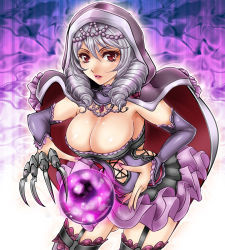  1041_(toshikazu) 1girl black_thighhighs breasts claw_(weapon) detached_sleeves drill_hair frilled_skirt frills garter_straps hood hoodie jewelry large_breasts layered_skirt long_hair miniskirt nail_polish necklace orb purple_skirt red_eyes silver_hair skirt solo soul_calibur soulcalibur soulcalibur_v thighhighs viola_(soulcalibur) weapon  rating:Sensitive score:79 user:danbooru