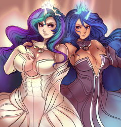 2girls bare_shoulders blue_eyes blue_hair breasts bridal_gauntlets celestia_(my_little_pony) cleavage crown dress elbow_gloves eyelashes gloves gown green_hair highres horns huge_breasts long_hair luna_(my_little_pony) maniacpaint multicolored_hair multiple_girls my_little_pony my_little_pony:_friendship_is_magic no_bra personification pink_eyes purple_hair siblings single_horn sisters strapless strapless_dress tan very_long_hair rating:Questionable score:110 user:danbooru
