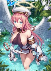  1girl akkijin angel angel_wings bare_shoulders belt beret blue_eyes breasts clothes_lift covered_erect_nipples elbow_gloves feathered_wings forest gloves groin halo hat large_breasts light_rays long_hair looking_at_viewer nature no_panties official_art pelvic_curtain pink_hair plant revealing_clothes shinkai_no_valkyrie sideboob skirt skirt_lift solo sunbeam sunlight thighs wading water watermark white_gloves white_hat white_skirt wings  rating:Sensitive score:13 user:danbooru