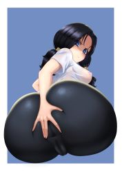  1girl absurdres anus ass ass_grab bike_shorts black_hair blue_background blue_eyes blush breasts cameltoe cleft_of_venus covered_anus dragonball_z grabbing_own_ass hand_on_own_ass highres huge_ass iceringer looking_back nipples see-through shirt short_sleeves skin_tight solo spandex spread_anus videl white_shirt  rating:Explicit score:337 user:JustHere4Butts
