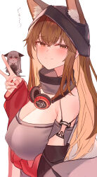  2girls absurdres animal_ear_fluff animal_ears arknights bare_shoulders black_hat breasts brown_eyes brown_hair chibi cleavage collar commentary_request cosplay fox_ears franka_(arknights) frostleaf_(arknights) frostleaf_(arknights)_(cosplay) grey_collar grey_hair grey_shirt hand_up hat highres jacket large_breasts long_hair looking_at_viewer multiple_girls nail_polish off-shoulder_shirt off_shoulder red_jacket red_nails shirt short_sleeves simple_background smile suzubotan upper_body v very_long_hair white_background 