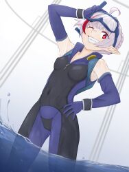  1girl adjusting_eyewear ahoge armpit_peek backpack bag black_gloves black_wetsuit blue_bag blue_bodysuit blue_gloves blue_wetsuit bodysuit braid breasts collar covered_erect_nipples covered_navel cowboy_shot crim destiny_unchain_online:_kyuuketsuki_shoujo_to_natte_yagate_aka_no_maou_to_yobareru_you_ni_narimashita diving_mask diving_mask_on_head diving_suit fang french_braid gloves goggles goggles_on_head hand_on_own_hip highres looking_at_viewer multicolored_hair niiz one_eye_closed open_bodysuit open_clothes open_wetsuit pointy_ears red_eyes see-through see-through_sleeves sharp_teeth short_hair simple_background skin_tight small_breasts smile snorkel snorkel_mask solo springsuit streaked_hair teeth two-tone_bodysuit unzipped wading wetsuit white_bodysuit white_hair zipper zipper_pull_tab 