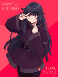  1girl birthday black_hair blunt_bangs calponpon highres lesbian_flag long_hair pas_(paxiti) pink_eyes purple_hair real_life red_background simple_background smile solo standing tagme v wavy_mouth  rating:General score:15 user:xhatahx