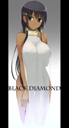 1girl absurdres backless_outfit bare_shoulders black_hair bottomless breasts collar copyright_request covered_erect_nipples dark-skinned_female dark_skin green_eyes highres large_breasts long_hair looking_at_viewer ookuma_nekosuke pillarboxed see-through simple_background sketch solo  rating:Questionable score:104 user:danbooru