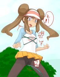  1girl black_pantyhose blue_eyes blue_sky blue_sleeves blush brown_hair bush cameltoe cloud collarbone constricted_pupils covered_erect_nipples creatures_(company) day double_bun female_focus flat_chest game_freak hair_bun hands_up hat japanese_text legs_apart long_hair looking_down miniskirt nintendo no_bra nose_blush open_mouth outdoors panties panties_under_pantyhose pantyhose pink_hat plant pleated_skirt poke_ball_symbol poke_ball_theme pokemon pokemon_bw2 pussy_juice raglan_sleeves rosa_(pokemon) shirt skirt sky solo speech_bubble standing surprised sweat t=k tears translation_request twintails underwear vines visor_cap white_shirt yellow_skirt  rating:Explicit score:10 user:AngryZapdos