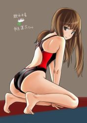 1girl all_fours aohashi_ame ass black_eyes blush brown_hair character_name competition_swimsuit from_behind long_hair looking_back one-piece_swimsuit open_mouth photo-referenced real_life simple_background smile solo squatting swimsuit wagatsuki_renge rating:Sensitive score:20 user:danbooru