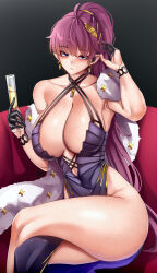  1girl bare_shoulders black_gloves breasts cleavage cocktail_dress cocktail_glass collarbone criss-cross_halter crossed_legs cup dolla_(dark_rose)_(nikke) dolla_(nikke) dress drinking_glass earrings feather_boa gloves goddess_of_victory:_nikke hair_ornament halterneck jewelry large_breasts long_hair official_alternate_costume ponytail purple_dress purple_eyes purple_hair sitting sleeveless sleeveless_dress solo thighs whitewaffle 