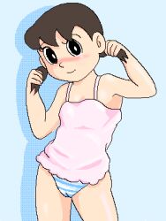  1girl artist_request black_eyes blue_background brown_hair doraemon holding_own_hair loli lowres minamoto_shizuka panties striped_clothes striped_panties tank_top twintails underwear 