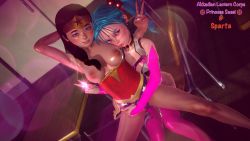 2girls 3d akkadian_lantern_corps blue_hair blush breasts highres honey_select indoors kyoshourz large_areolae loli multiple_girls nail_polish perky_breasts pink_nails princess_sassi public_indecency puffy_areolae puffy_nipples small_breasts tagme twintails wonder_woman rating:Explicit score:50 user:sasami
