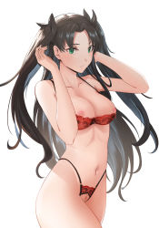 1girl bare_arms bare_shoulders black_hair black_ribbon bra breasts cleavage collarbone crotchless crotchless_panties fate/grand_order fate/stay_night fate_(series) gan-viking green_eyes hair_ornament hair_ribbon highres lingerie long_hair looking_at_viewer medium_breasts navel nipple_piercing nipples panties parted_bangs piercing pussy red_bra red_panties ribbon shelf_bra simple_background solo tohsaka_rin two_side_up underwear white_background rating:Explicit score:67 user:danbooru