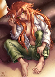 1girl abs alcohol barefoot breasts breasts_apart capri_pants casual contemporary feet fingernails freckles full_body glass green_pants les_chevaucheurs long_hair looking_at_viewer maxa&#039; medium_breasts no_bra open_clothes open_skirt orange_hair pants parted_lips phenice_walholl red_hair scar sitting skirt slouching solo toenails toes unbuttoned unbuttoned_shirt whiskey yellow_eyes rating:Sensitive score:28 user:danbooru