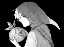  1boy commentary conical_hat deku_mask english_commentary from_behind greyscale hat highres himu_zelda holding holding_mask link looking_at_viewer male_focus mask monochrome nintendo parted_lips pointy_ears shirt short_hair simple_background solo the_legend_of_zelda the_legend_of_zelda:_majora&#039;s_mask 