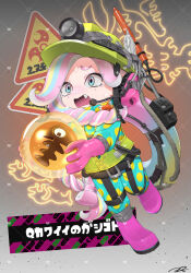  1girl blonde_hair blue_eyes blue_hair boots bow-shaped_hair commentary commission curly_hair duct_tape egg english_commentary fang furrowed_brow gloves golden_egg green_helmet headphones high-visibility_vest highres holding holding_egg lifebuoy long_hair mining_helmet mole mole_under_eye multicolored_hair nintendo octoling octoling_girl octoling_player_character open_mouth pink_eyes pink_footwear pink_gloves pink_hair puchiman rubber_boots rubber_gloves salmon_run_(splatoon) signature solo splashtag_(splatoon) splatoon_(series) splatoon_3 standing standing_on_one_leg swim_ring tearing_up tentacle_hair tripping two-tone_eyes vest yellow_vest 