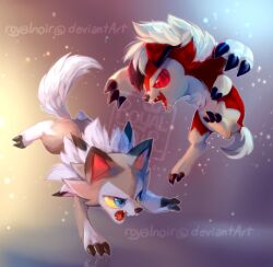 blue_eyes claws colored_sclera creatures_(company) deviantart_username full_body game_freak gen_7_pokemon lycanroc lycanroc_(midday) lycanroc_(midnight) nintendo open_mouth pokemon pokemon_(creature) red_eyes red_sclera royalnoir signature smile spikes teeth watermark white_hair yellow_sclera