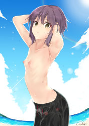 1girl absurdres armpits arms_behind_head artist_name beach black_male_swimwear black_shorts black_swim_trunks blurry bokeh breasts cloud commentary cowboy_shot depth_of_field drawstring hair_between_eyes highres looking_at_viewer male_swimwear male_swimwear_challenge nagato_yuki nagi_(shunsuke-manage) nipples ocean outdoors purple_hair short_hair shorts signature sky small_breasts solo suzumiya_haruhi_no_yuuutsu swim_trunks swimsuit topless yellow_eyes rating:Questionable score:88 user:danbooru