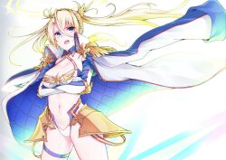  1girl armor bikini blonde_hair blue_bikini blue_eyes blue_gloves blush bradamante_(fate) bradamante_(third_ascension)_(fate) braid breasts cleavage coat coat_on_shoulders crossed_arms crown_braid elbow_gloves epaulettes fate/grand_order fate_(series) faulds gloves halo highleg highleg_bikini highres large_breasts len_(hand_linke) long_hair looking_at_viewer navel open_mouth solo swimsuit thigh_strap thighs twintails two-tone_bikini two-tone_gloves very_long_hair white_bikini white_gloves  rating:Sensitive score:6 user:danbooru