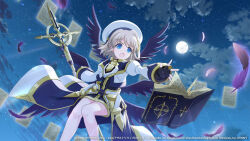  1girl assault_lily black_wings blue_eyes book feathers floating floating_book floating_object hat holding holding_staff lyrical_nanoha magical_girl mahou_shoujo_lyrical_nanoha_detonation moon night night_sky official_art pages schwertkreuz sky solo staff tome_of_the_night_sky unison_(nanoha) white_hat wings yagami_hayate 