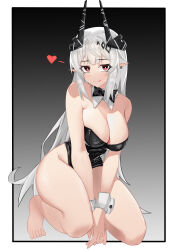  1girl :q absurdres alternate_costume arknights barefoot between_legs black_background black_bow black_bowtie black_horns black_leotard border bow bowtie breasts bright_pupils chinese_commentary cleavage closed_mouth commentary_request detached_collar earrings eyes_visible_through_hair full_body gradient_background grey_background grey_hair hand_between_legs heart highres horns jewelry large_breasts legs leotard light_smile long_hair looking_at_viewer mudrock_(arknights) muusn outside_border own_hands_together partial_commentary pointy_ears red_eyes sidelocks solo split_mouth strapless strapless_leotard toenails toes tongue tongue_out traditional_bowtie very_long_hair white_border white_pupils wrist_cuffs 