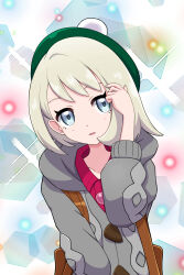  1girl absurdres alternate_hair_color backpack bag blonde_hair blush brown_bag buttons cardigan collared_dress commentary_request creatures_(company) dress eyelashes game_freak gloria_(pokemon) green_hat grey_cardigan grey_eyes hand_up hat highres hooded_cardigan looking_at_viewer nintendo pink_dress pokemon pokemon_swsh short_hair smile solo tam_o&#039;_shanter upper_body yuu_(jgvj7873) 