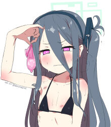  &lt;key&gt;_(blue_archive) 1girl aftersex akazawa_red bikini black_bikini black_hair black_hairband blue_archive blue_halo commentary_request condom cum female_focus flat_chest hair_between_eyes hairband halo holding holding_condom loli long_hair micro_bikini pink_eyes simple_background solo swimsuit upper_body used_condom white_background  rating:Explicit score:78 user:danbooru