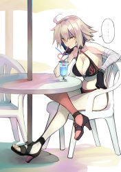 10mo ahoge bandaged_arm bandages bikini black_bikini black_choker black_footwear black_gloves breasts choker cleavage cup drinking_glass drinking_straw fate/grand_order fate_(series) gloves high_heels highres jeanne_d&#039;arc_alter_(swimsuit_berserker)_(fate) jeanne_d&#039;arc_(fate) jeanne_d&#039;arc_alter_(fate) jeanne_d&#039;arc_alter_(swimsuit_berserker)_(fate) large_breasts o-ring o-ring_bikini patio_chair patio_umbrella red_thighhighs silver_hair single_thighhigh solo swimsuit thighhighs umbrella yellow_eyes