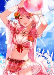  1girl ;d arms_up bad_id bad_pixiv_id ball bang_dream! beachball belt bikini bikini_top_only blonde_hair bow bracelet breasts brown_belt cleavage cowboy_shot earrings flower fresa_pie frilled_bikini frilled_bikini_top frilled_skirt frills front-tie_bikini_top front-tie_top hair_ornament heart_belt hibiscus highres holding holding_ball jewelry long_hair looking_at_viewer low_twintails maruyama_aya medium_breasts miniskirt navel neck_ribbon one_eye_closed open_mouth pink_bikini pink_eyes pink_hair pink_skirt plaid plaid_bikini_top plaid_skirt red_bow red_ribbon ribbon skirt smile solo sparkle standing star_(symbol) star_earrings swimsuit twintails  rating:Sensitive score:5 user:danbooru